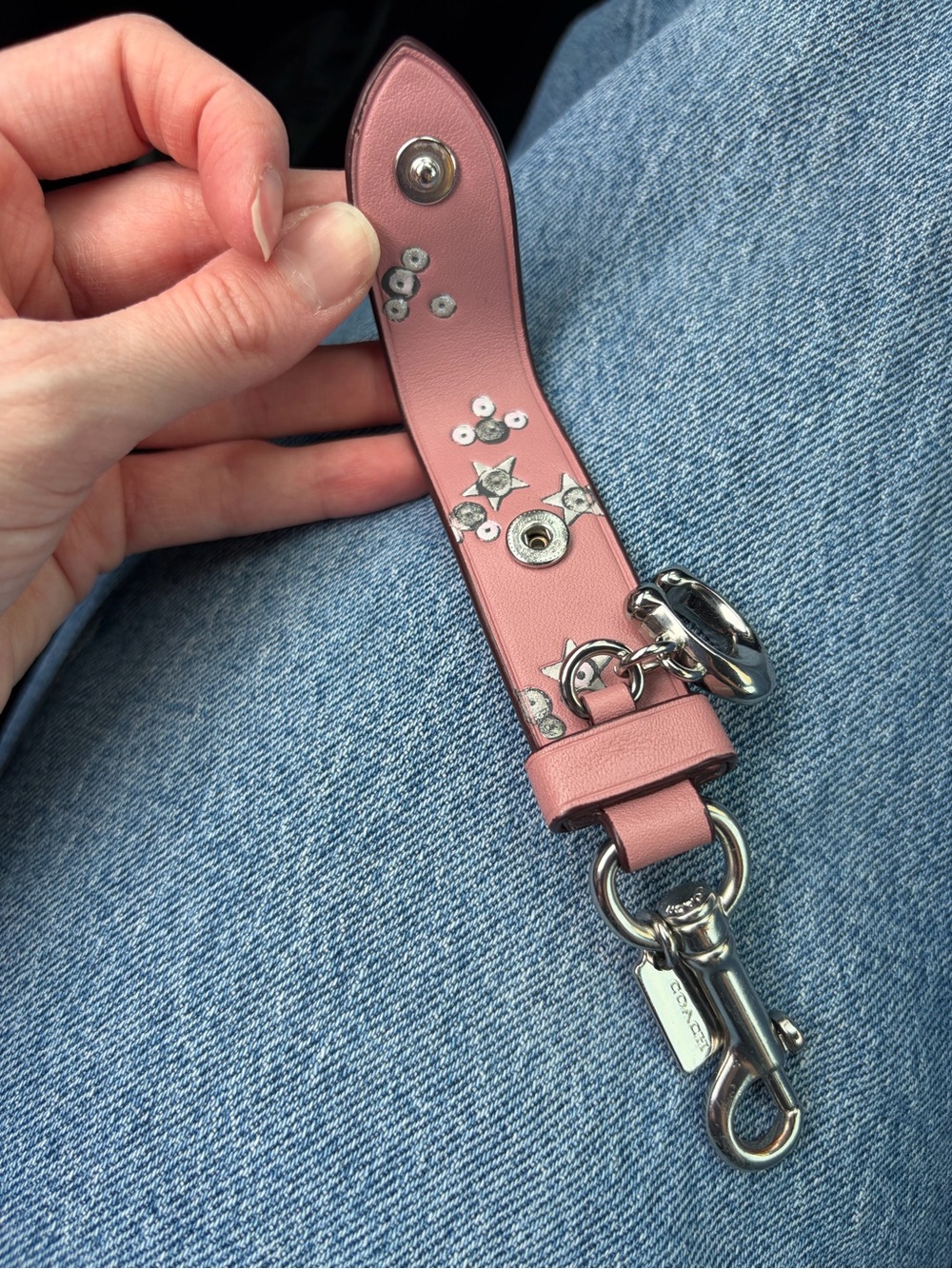 Coach Pink Star-Embellished Leather Key and Card Holder with Silver Hardware - Picture 2 of 3